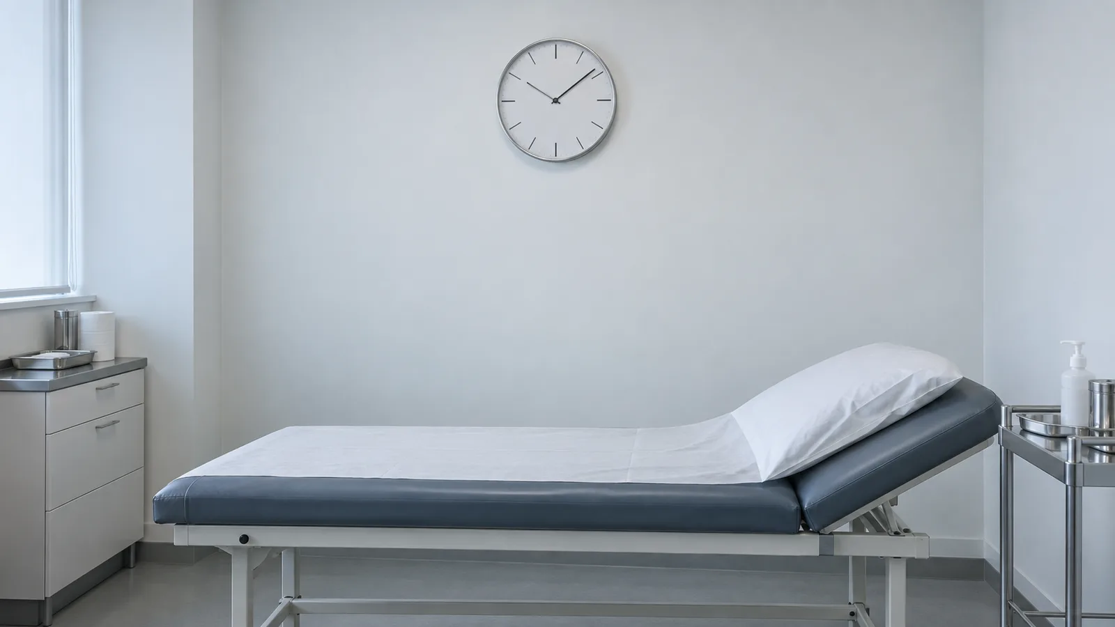Empty exam room with a blue-grey padded table and paper cover, a pillow, a minimalist wall clock, and a steel cart.
