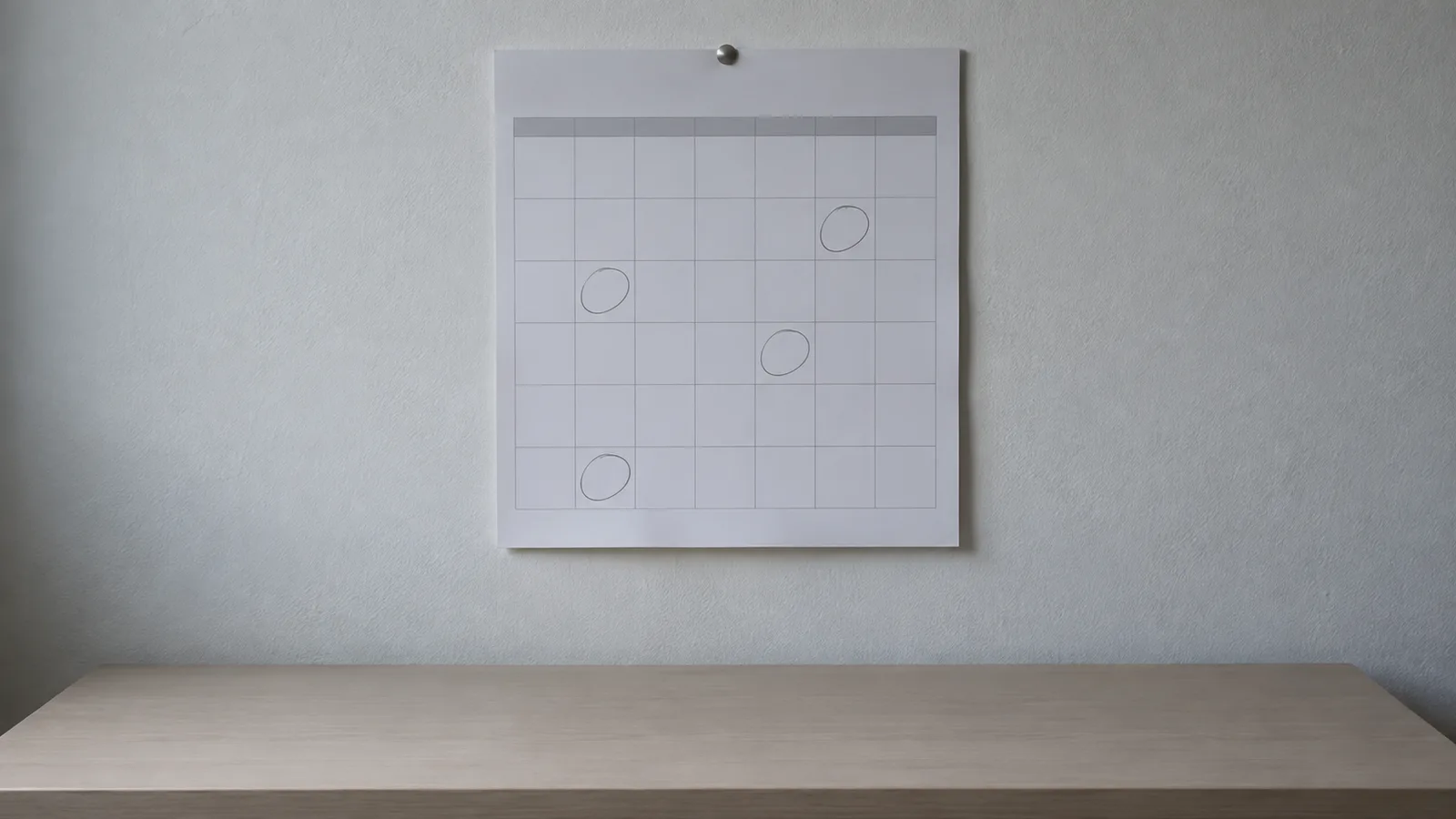 Blank monthly calendar pinned to a pale wall above a wooden desk, with four dates circled in pencil.