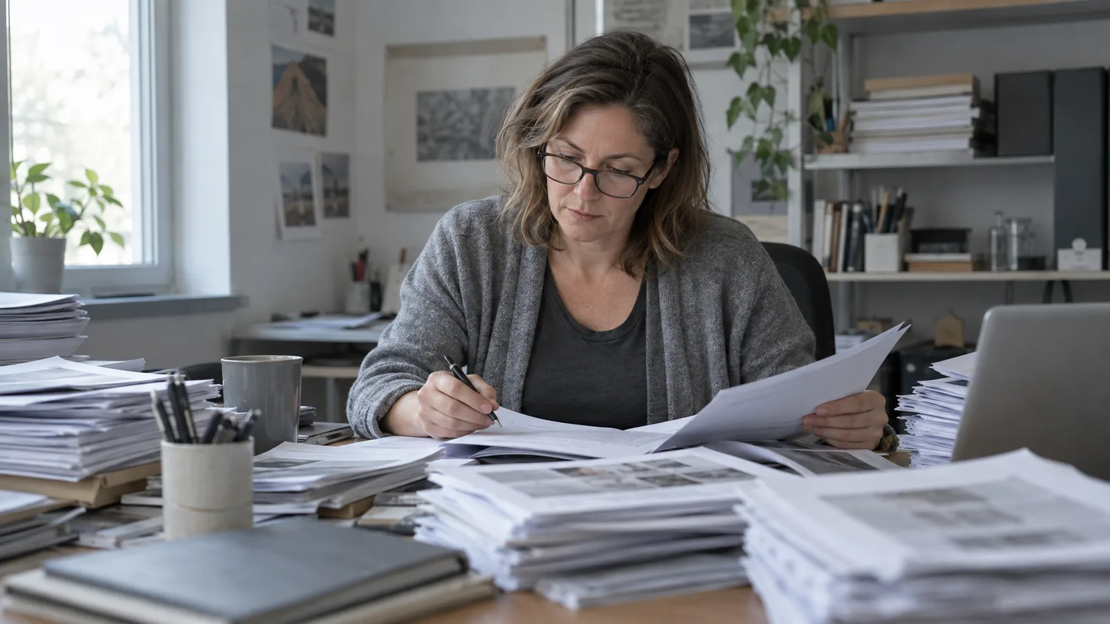 Woman in glasses and a grey cardigan marking up printed pages at a desk piled high with papers and notebooks.