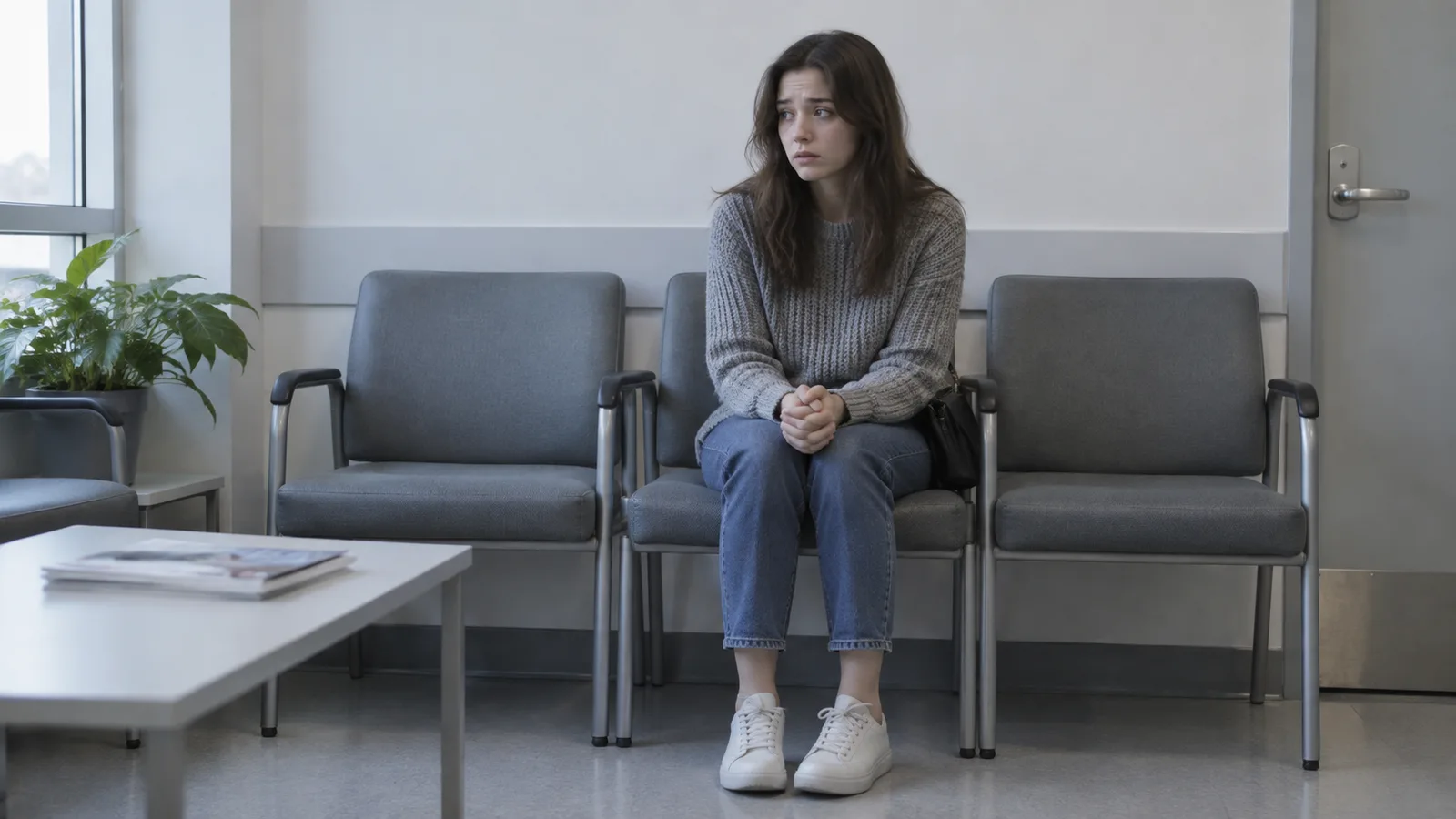 Anxious young woman in a knit sweater and jeans sitting alone on grey waiting room chairs, hands clasped.