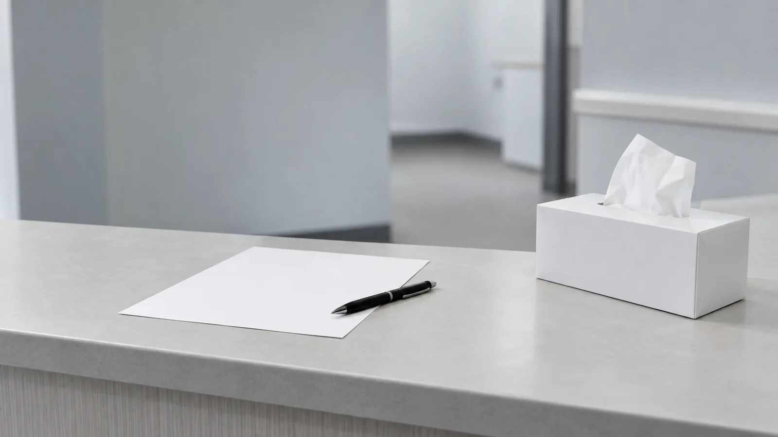 Blank sheet of paper and a black pen on a grey counter beside a white tissue box, an empty corridor behind.