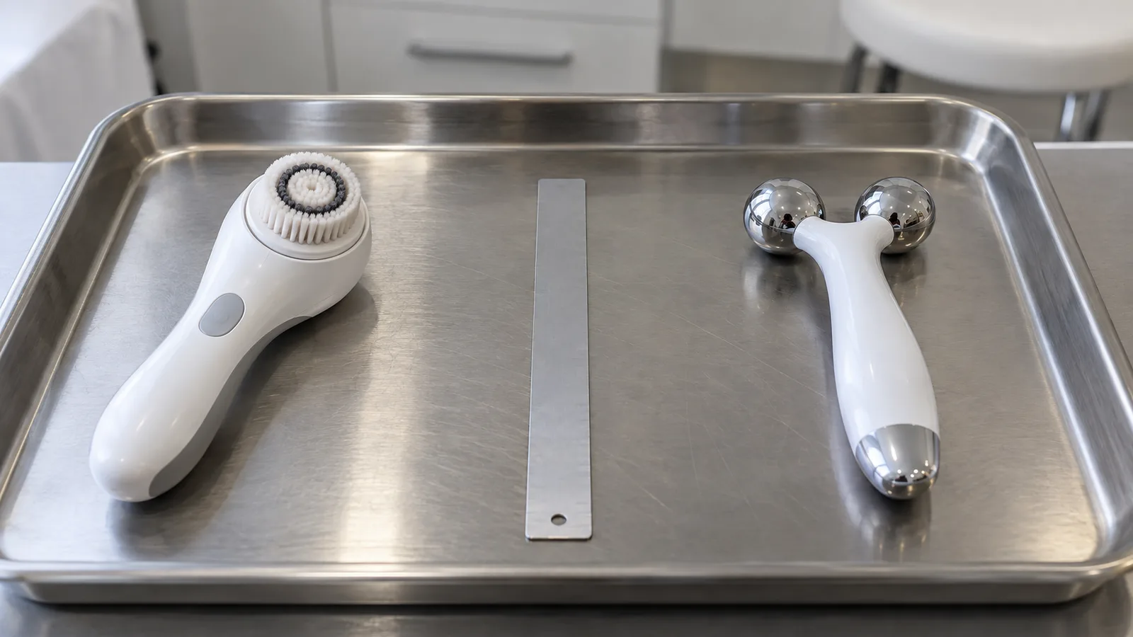 Steel tray holding a white facial cleansing brush, a thin metal strip, and a twin-ball facial roller in a row.