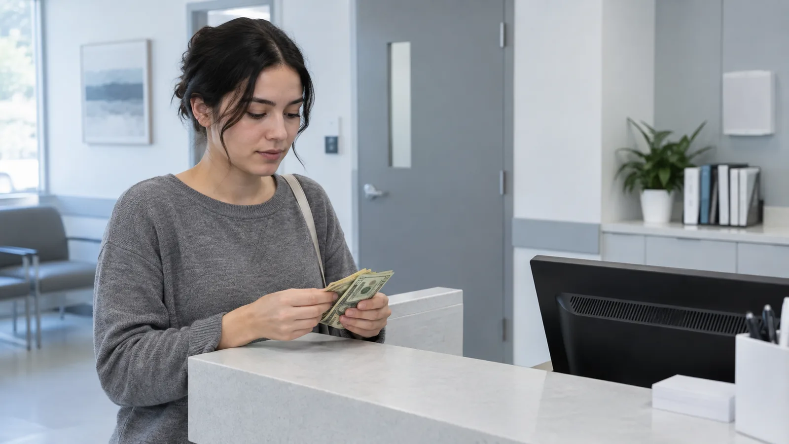 Young woman in a grey sweater counting a few banknotes at a white front desk beside a computer monitor.